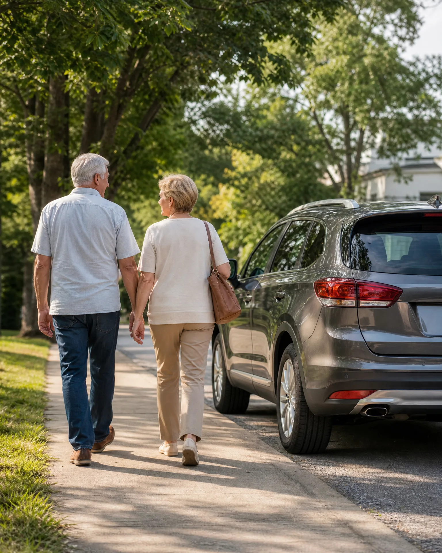 Two older adults walk away from the camera along a sidewalk lined with grass and leafy trees, beside a gray SUV parked at the curb.