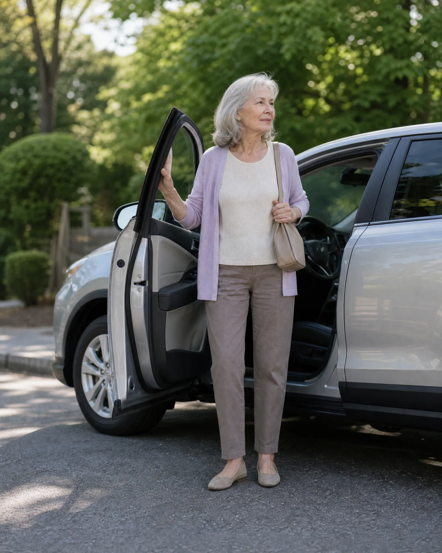 An older woman with white hair, wearing a lilac cardigan, cream top, taupe trousers and flats, stands beside the open front passenger door of a silver SUV on a paved road with green trees behind.