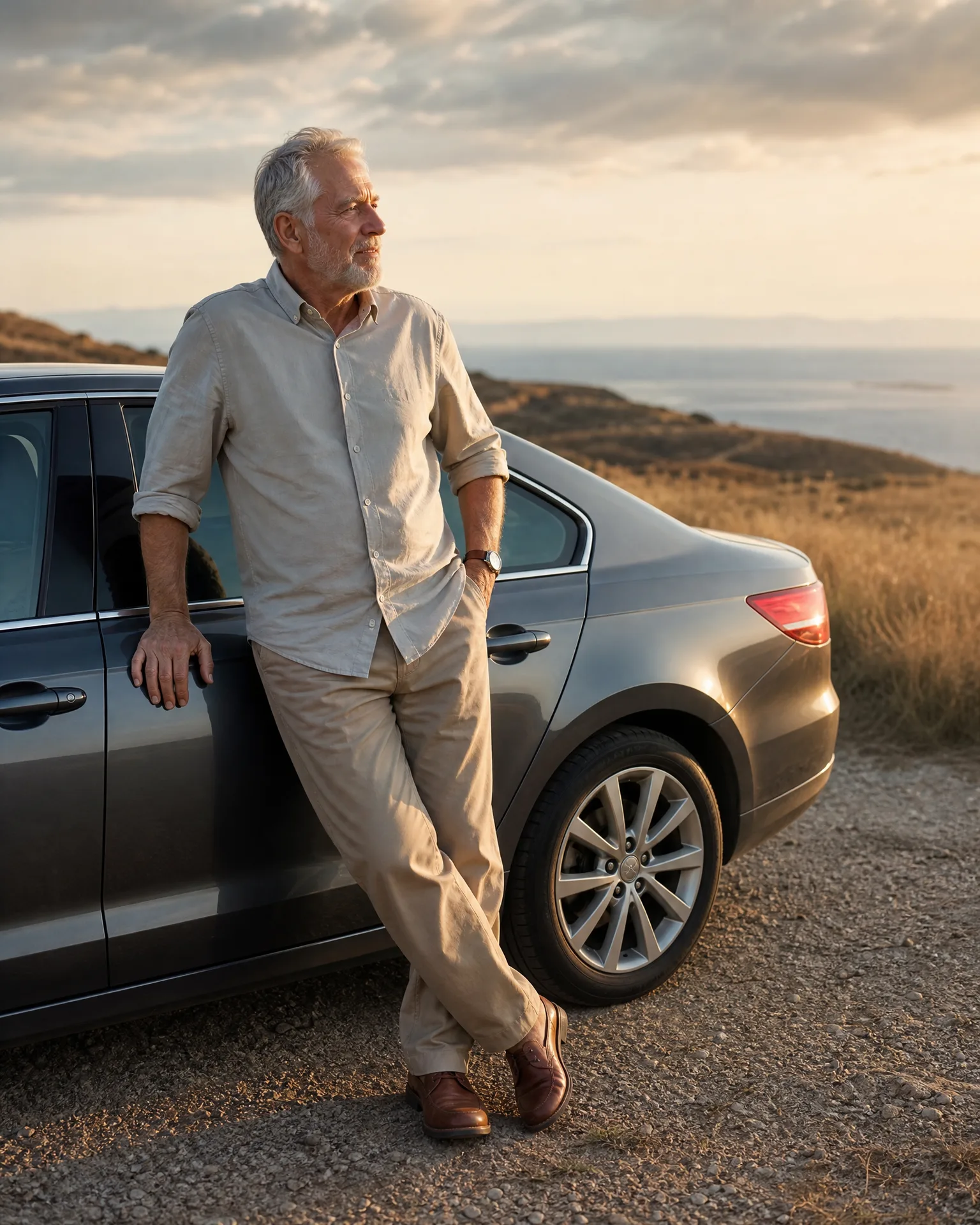 A gray-haired bearded man in a light shirt and beige trousers leans against a dark sedan parked on a gravel roadside, with dry grass and a distant coastline behind him.