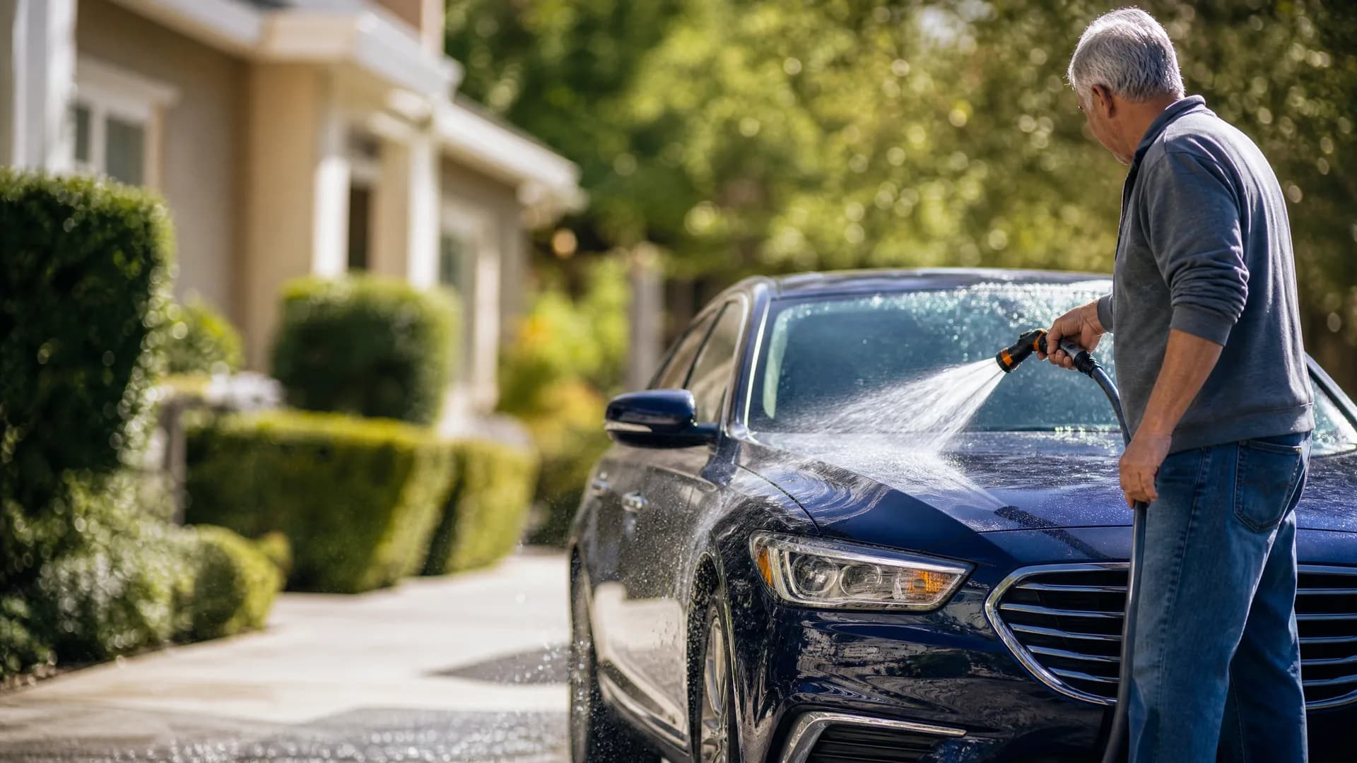 A man in a gray sweatshirt and jeans sprays water from a hose nozzle onto the hood and windshield of a dark blue sedan parked in a driveway, with hedges and a light-colored house blurred in the background.