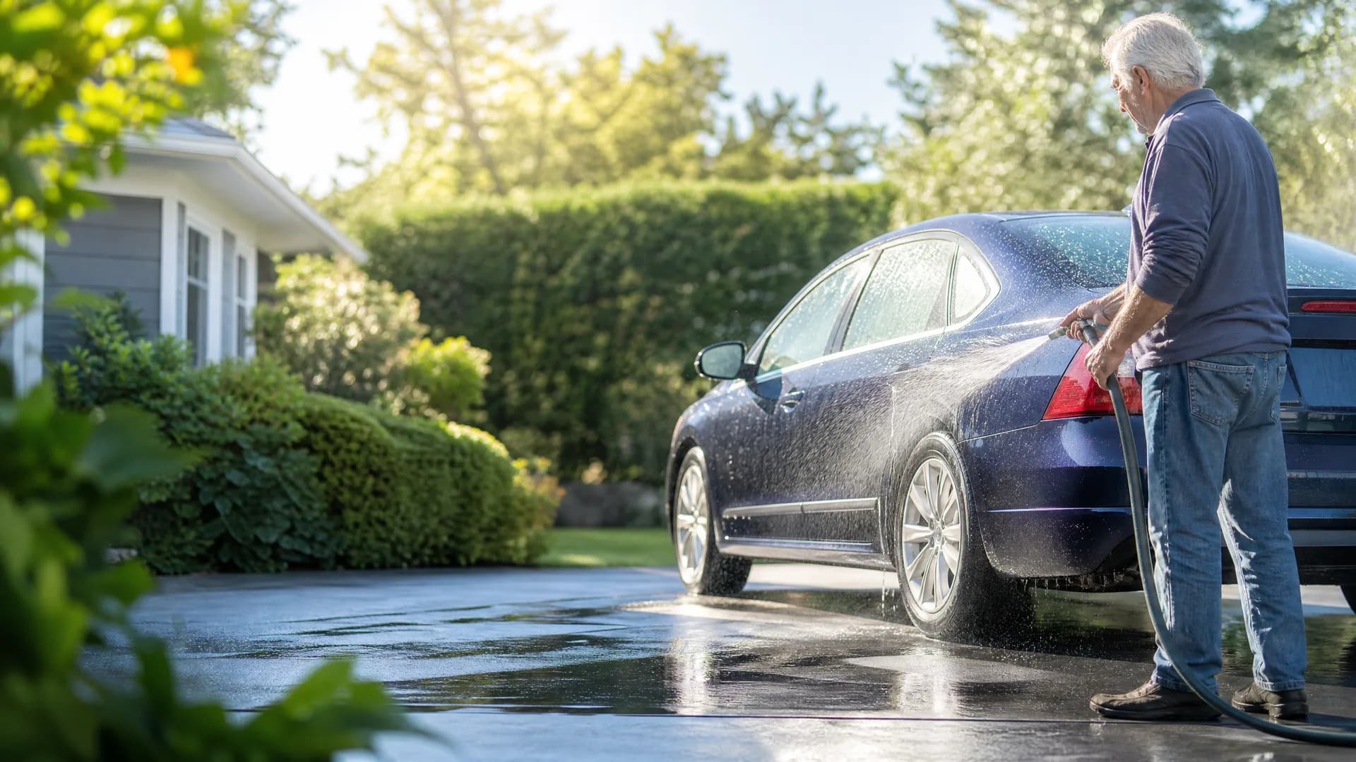 A man in a dark long-sleeved shirt and jeans sprays water from a hose onto a dark blue sedan parked on a wet driveway beside a house and tall hedge.