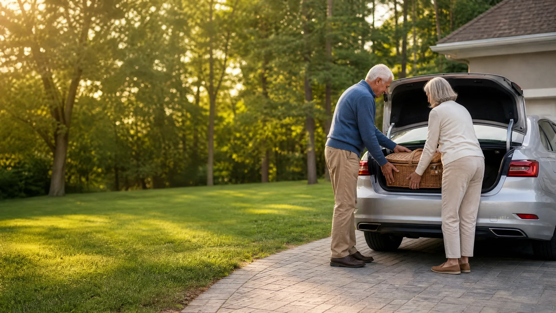 An older man and woman load a wicker basket into the open trunk of a silver car parked on a paver driveway beside a house, with green trees and lawn behind them.