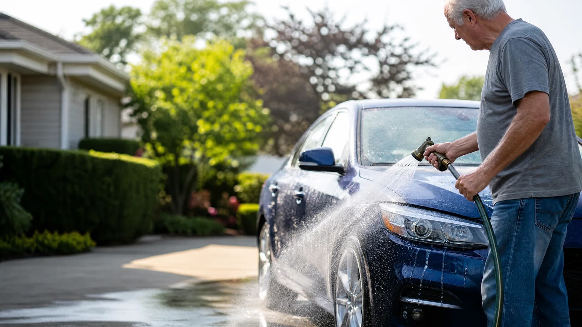 An older man in a gray t-shirt and jeans sprays a blue sedan with a hose nozzle on a driveway beside hedges and a light-colored house.