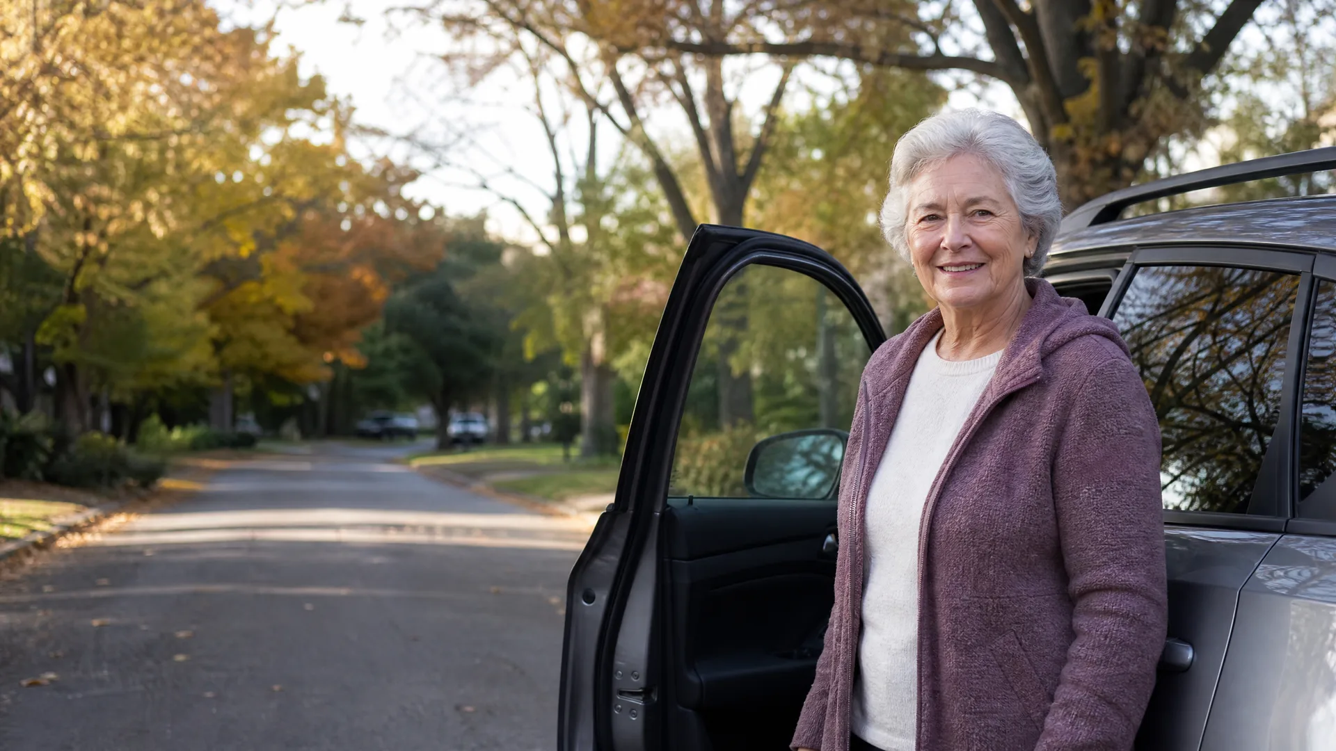 An older woman with short white hair in a mauve fleece jacket stands beside an open car door of a silver SUV on a tree-lined residential street with autumn foliage.
