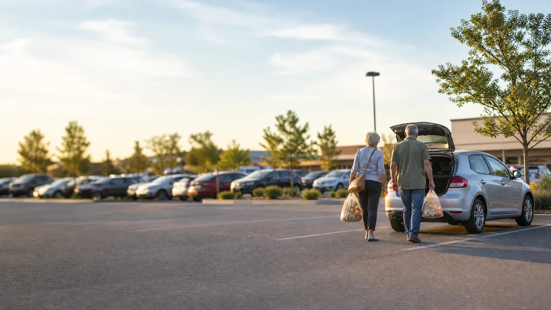 Two people carrying shopping bags walk toward a silver hatchback with its tailgate open in a parking lot, with rows of parked cars, trees and a low building behind them.