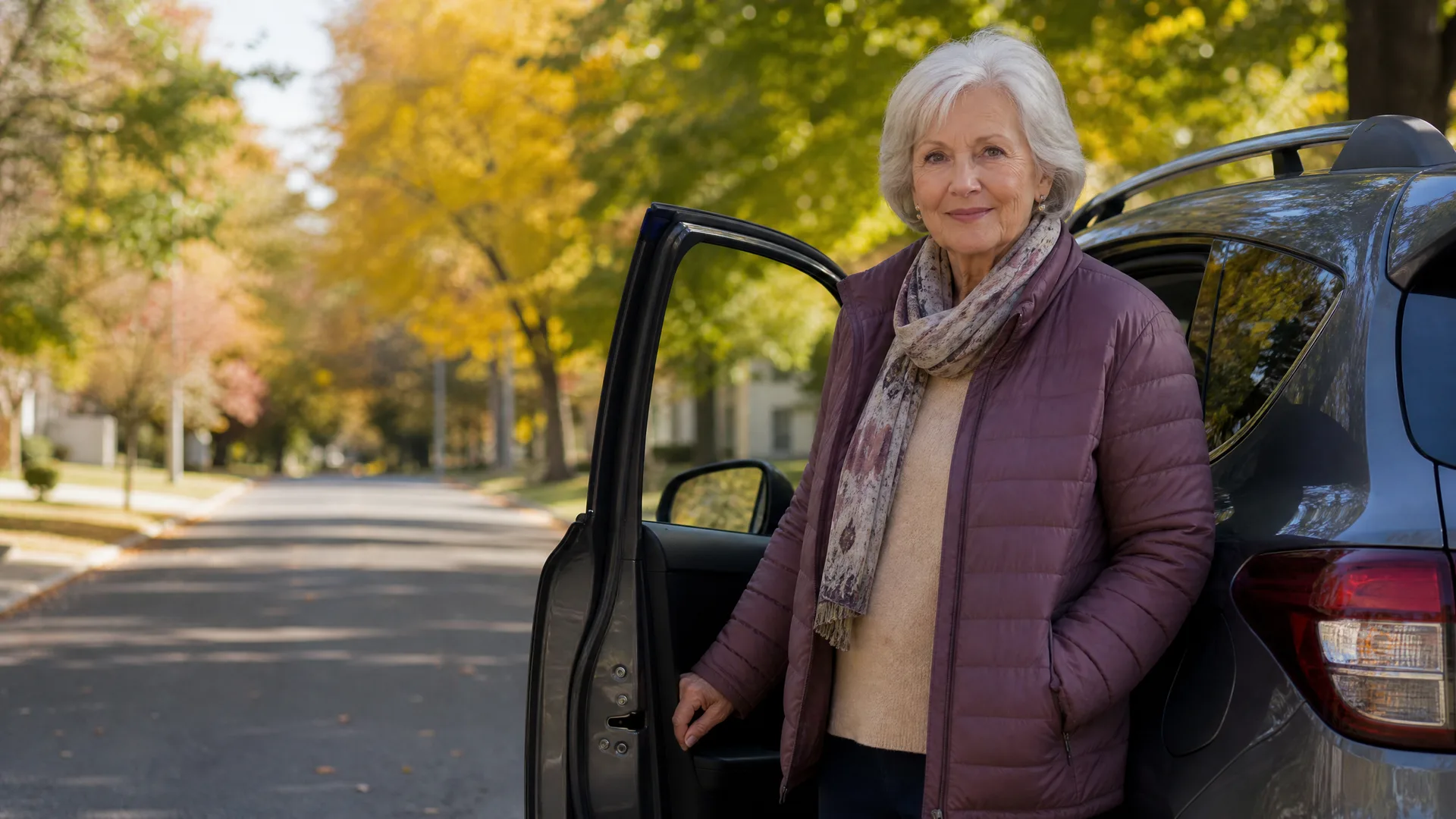 An older woman with white hair in a purple quilted jacket and patterned scarf stands beside the open door of a dark SUV on a residential street lined with yellow and green autumn trees.