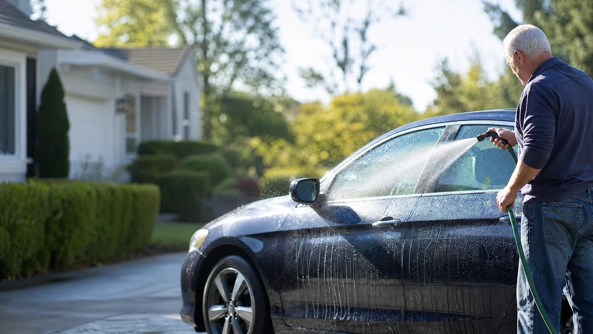 A man in a dark long-sleeved shirt and jeans sprays water from a hose onto a dark sedan parked on a driveway beside a light-colored house and trimmed hedges.