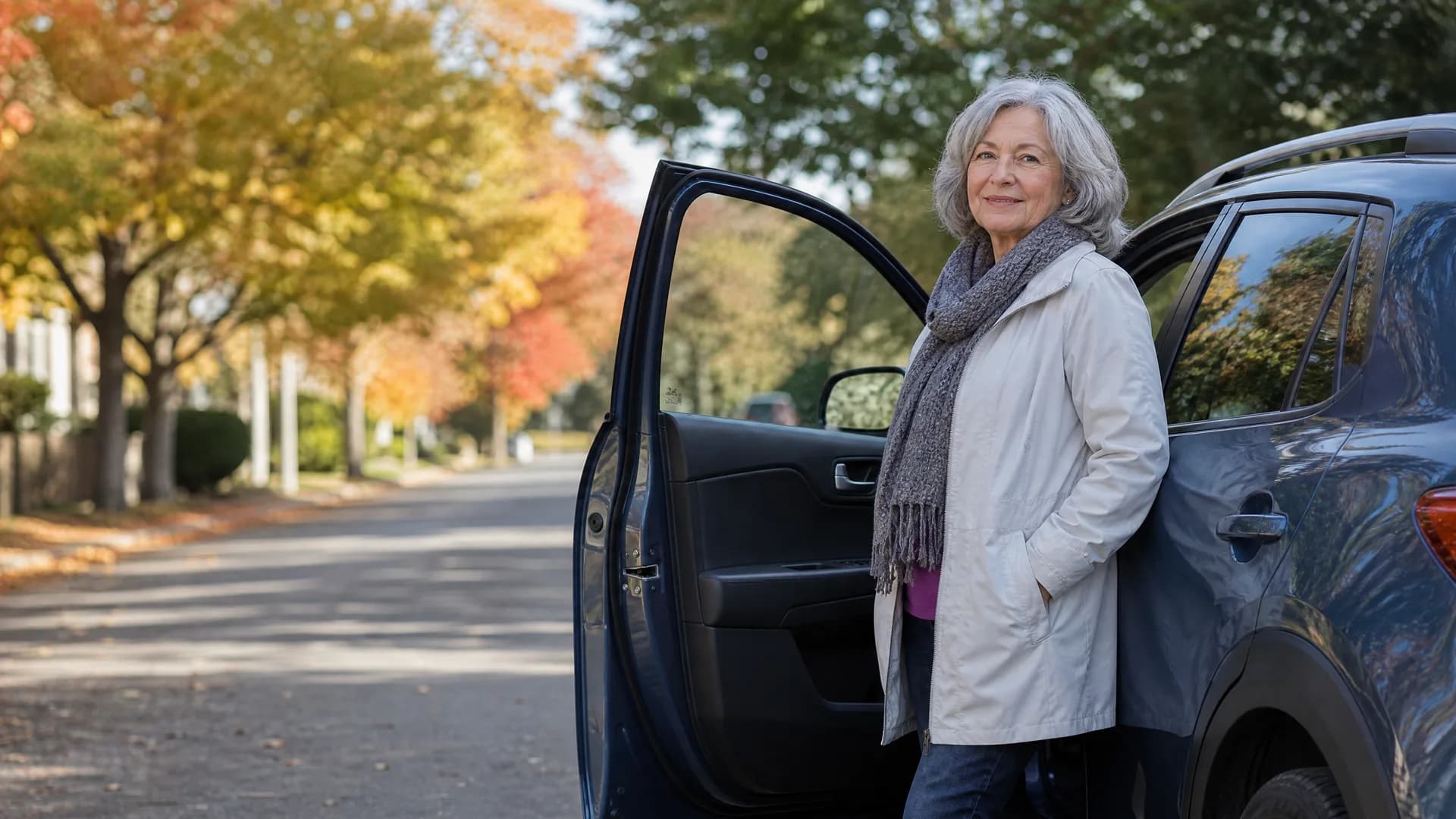 An older woman with gray hair, wearing a cream coat and gray scarf, stands beside the open door of a dark SUV on a street lined with autumn-colored trees.