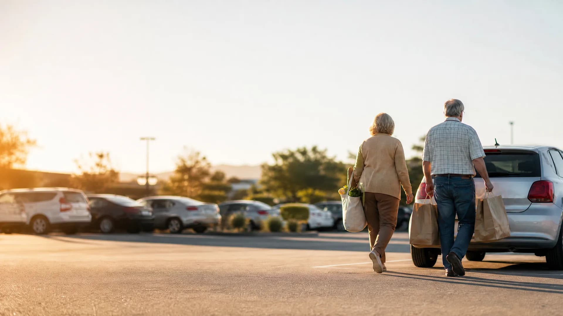 An older man and woman walk away from the camera across a parking lot carrying shopping bags toward a silver hatchback, with rows of parked cars, trees and a hazy sky behind them.