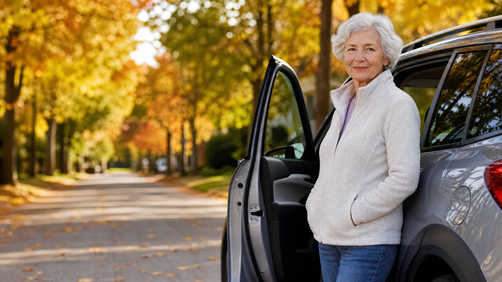 An older woman with short white hair in a cream fleece jacket and jeans stands beside the open door of a silver car on a tree-lined street with yellow autumn foliage.