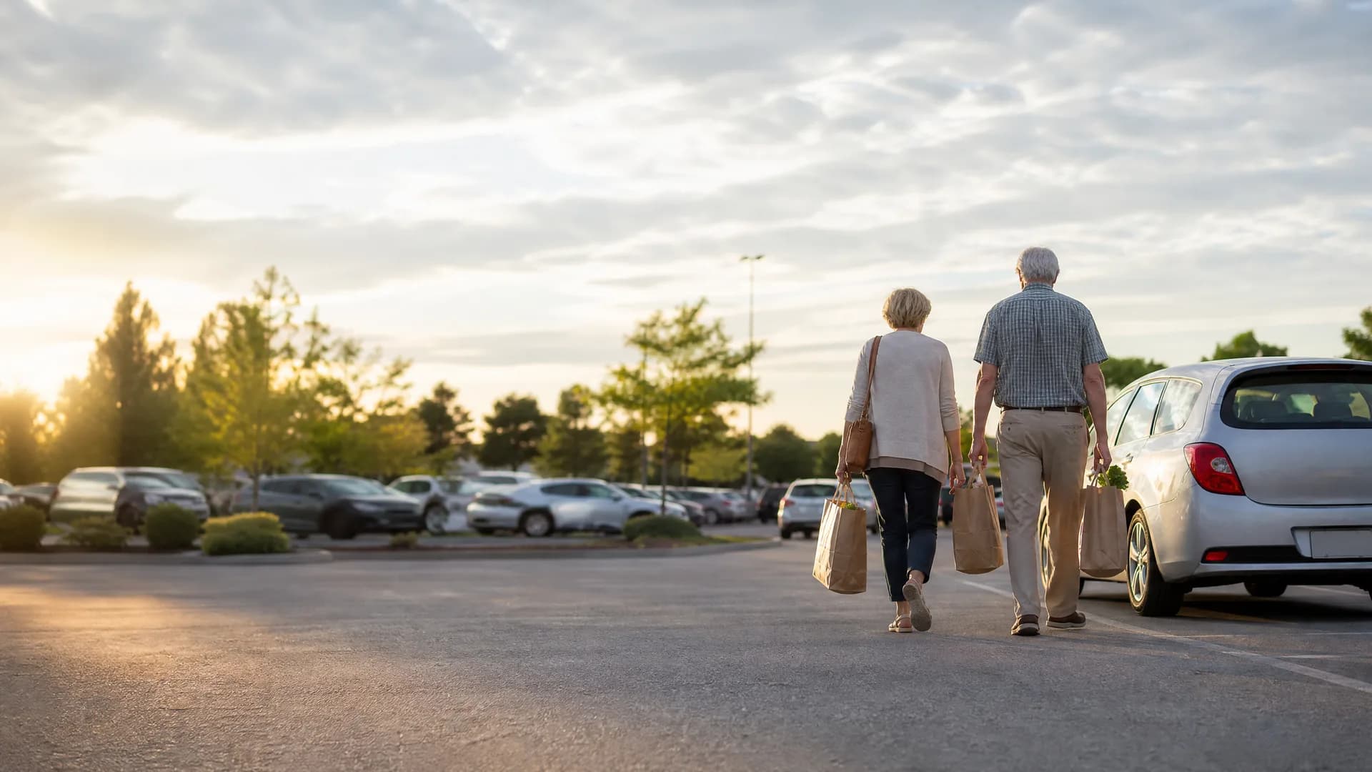 An older couple carrying paper grocery bags walks away from the camera across a parking lot at sunset, with parked cars, trees, and a silver hatchback at right.