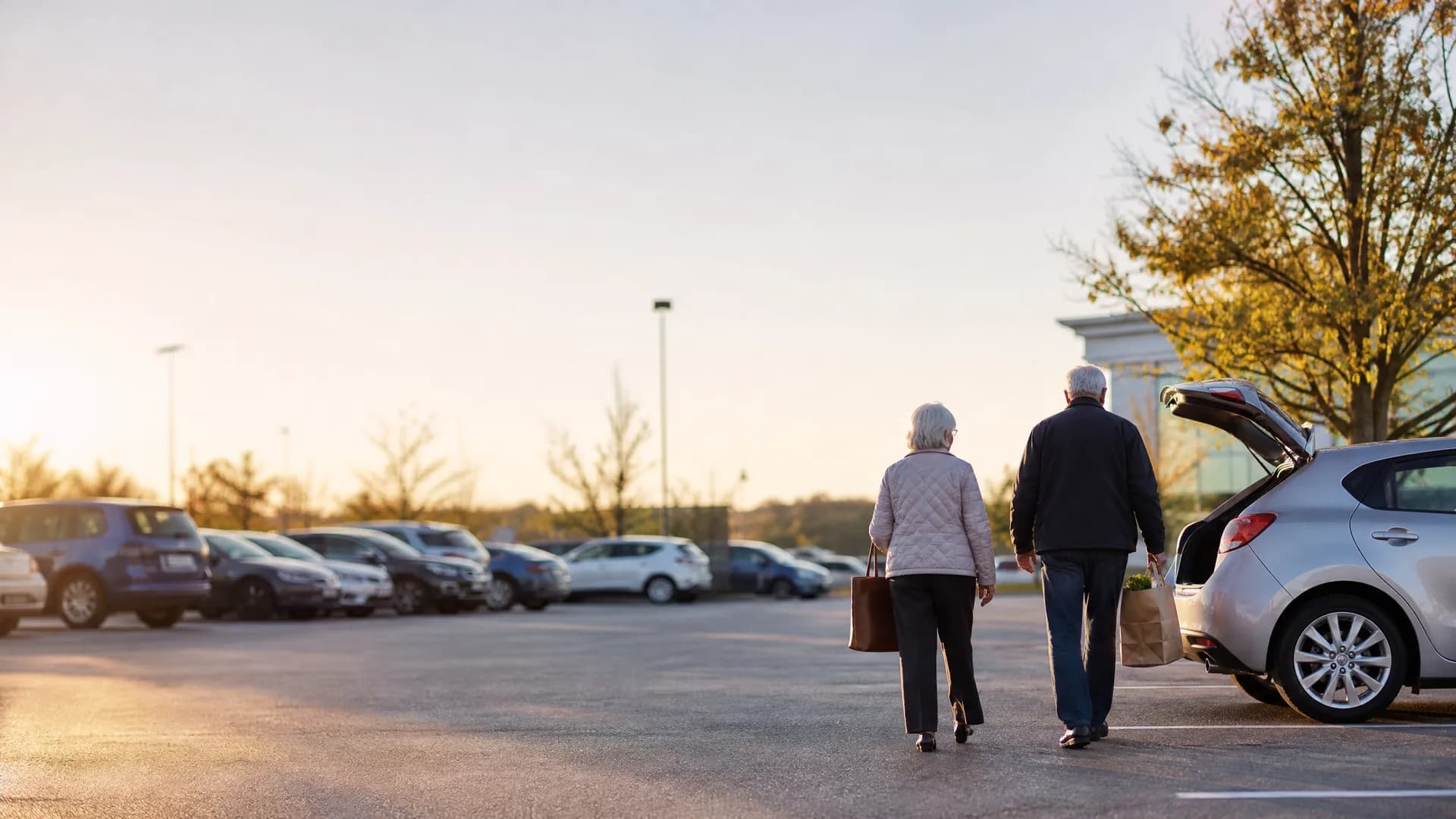 An older couple carrying a handbag and a paper grocery bag walk across a parking lot toward a silver hatchback with its tailgate open, with parked cars and a bare-branched tree under a pale sky.