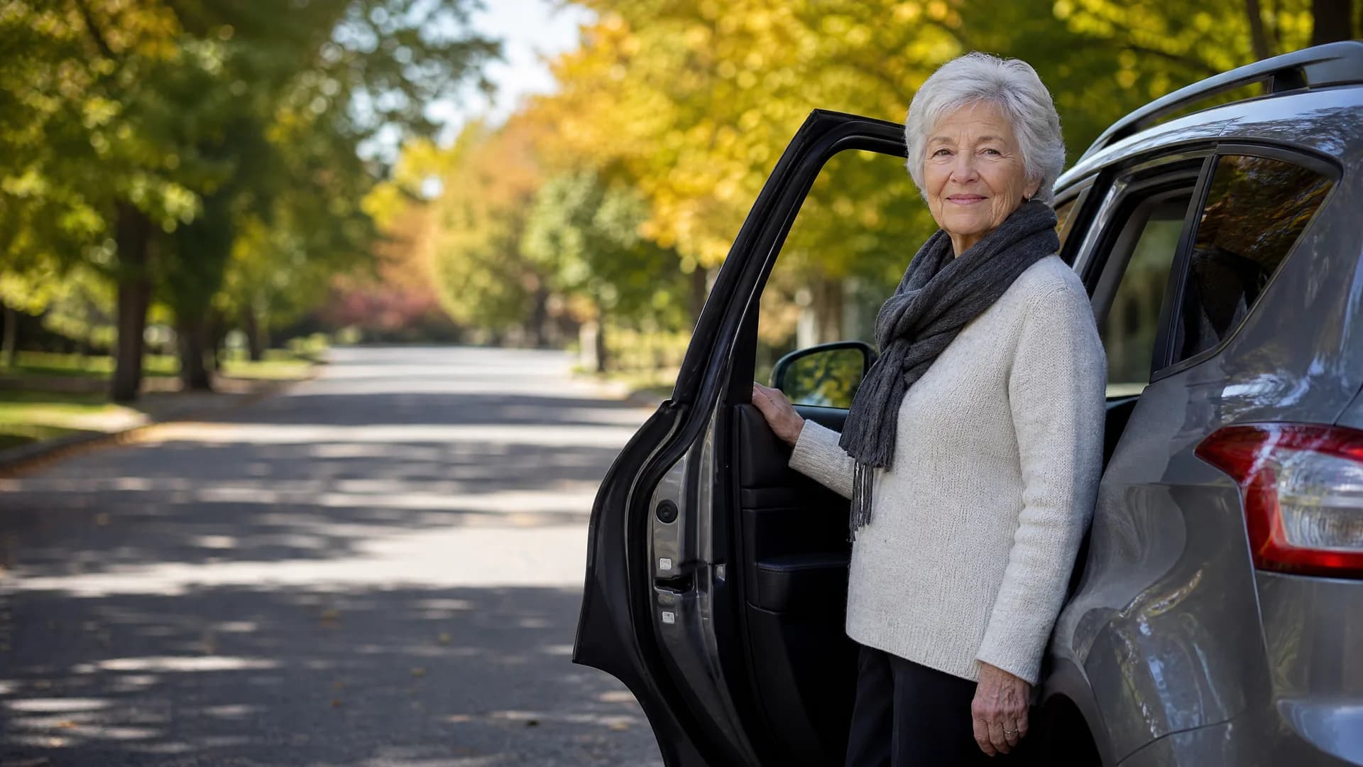 An older woman with short white hair, wearing a cream sweater and gray scarf, stands beside the open front passenger door of a silver car on a tree-lined residential street.
