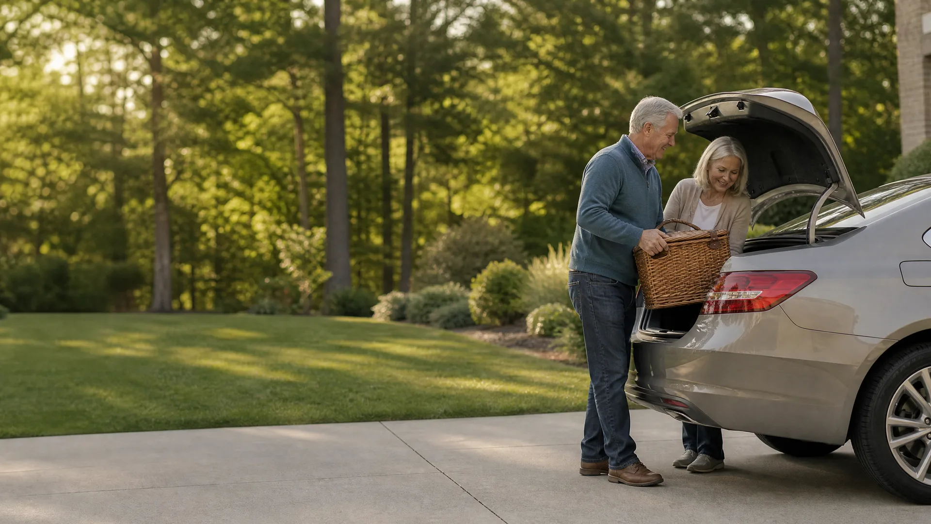 A man and a woman stand at the open trunk of a silver sedan in a concrete driveway, loading a wicker basket, with a lawn and leafy trees behind them.