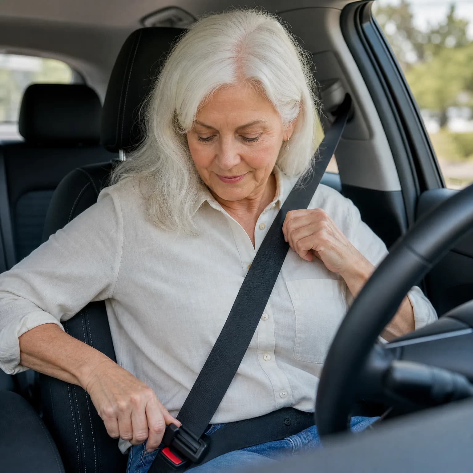 An older woman with long white hair, wearing a light beige shirt and jeans, sits in a car's driver seat fastening her seat belt, with the steering wheel at right and green trees visible through the window.