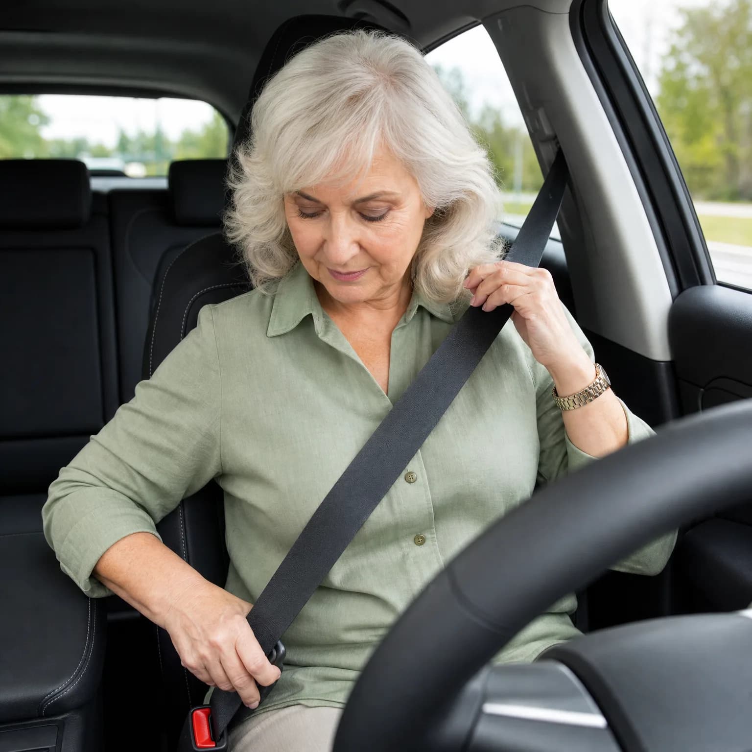 An older woman with white hair in a green shirt sits in a car's driver seat, pulling the seat belt across her body with both hands, with green trees visible through the window.