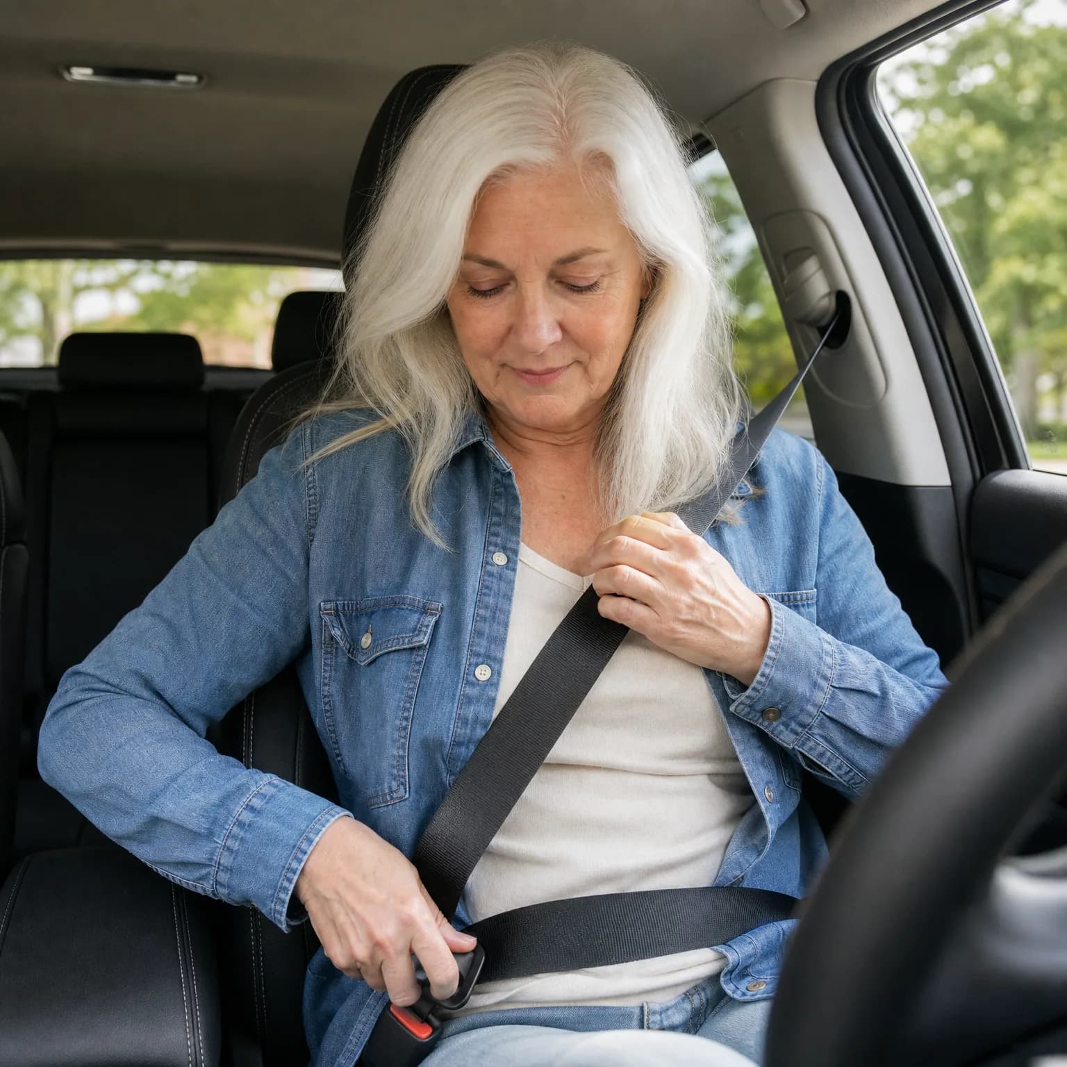 A woman with long white hair in a denim shirt sits in a car's driver seat, fastening her seat belt, with green trees visible through the side window.