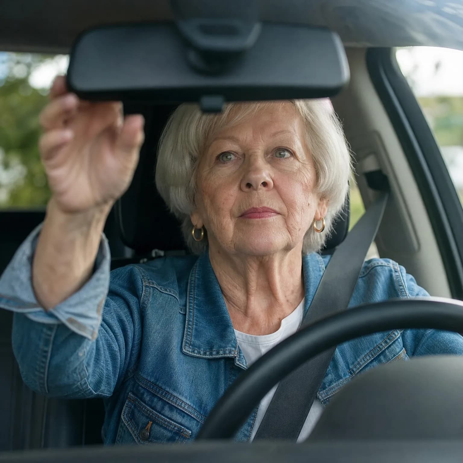 An older woman with short white hair, wearing a denim jacket and seat belt, sits in a car's driver seat and reaches up with her left hand to adjust the rearview mirror.