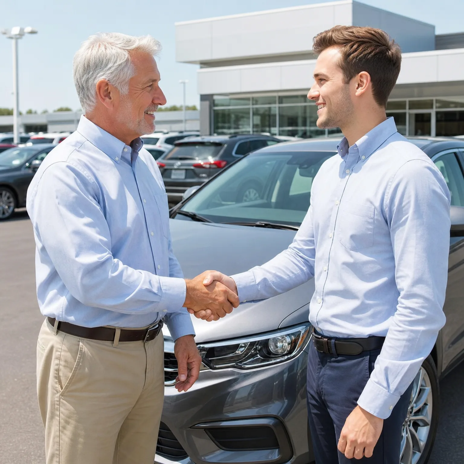 Two men in light blue shirts shake hands in front of a silver car in a paved lot, with rows of parked vehicles and a glass-fronted building behind them.