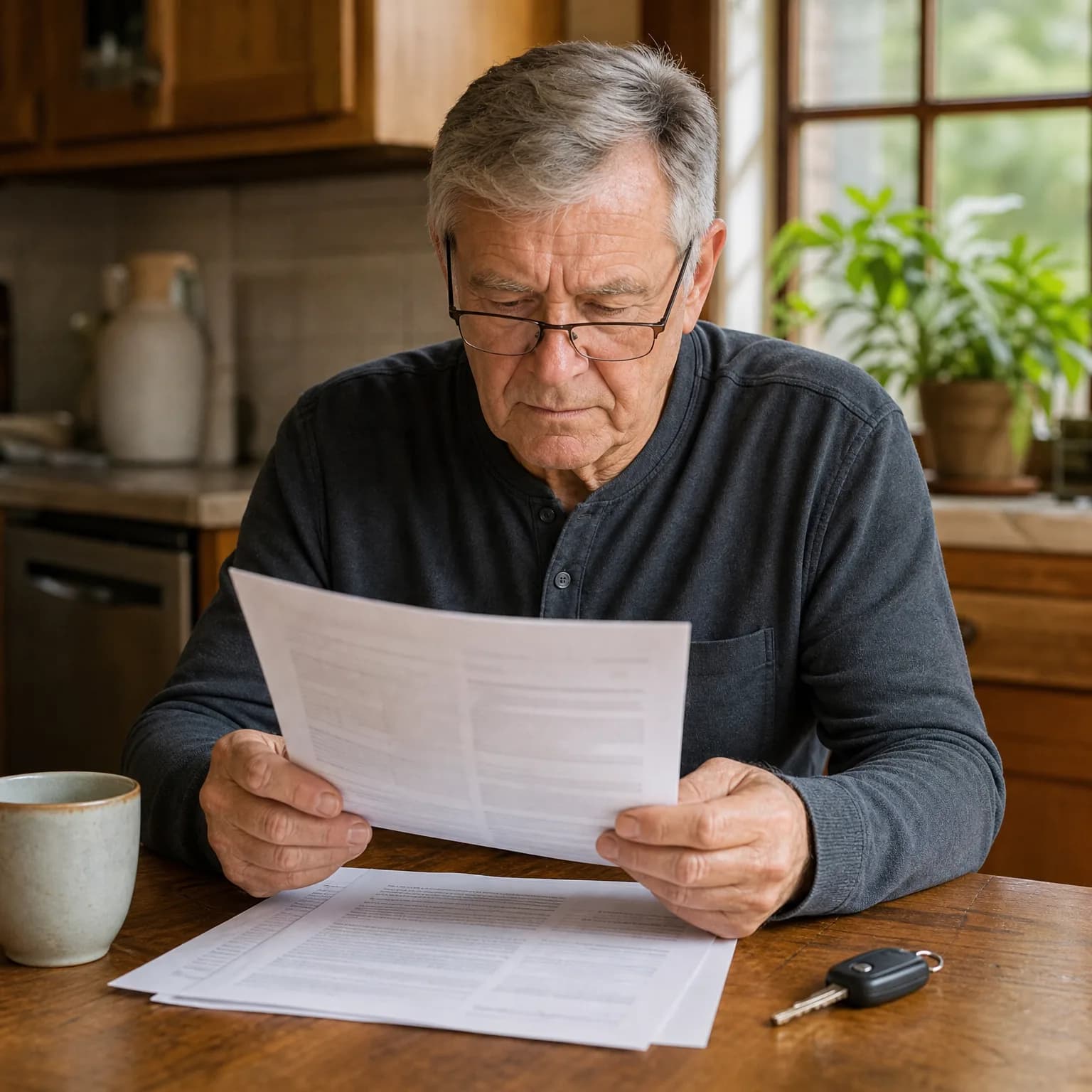 An older man with glasses sits at a wooden kitchen table reading printed documents, with more papers, a ceramic mug, and a car key fob on the table.