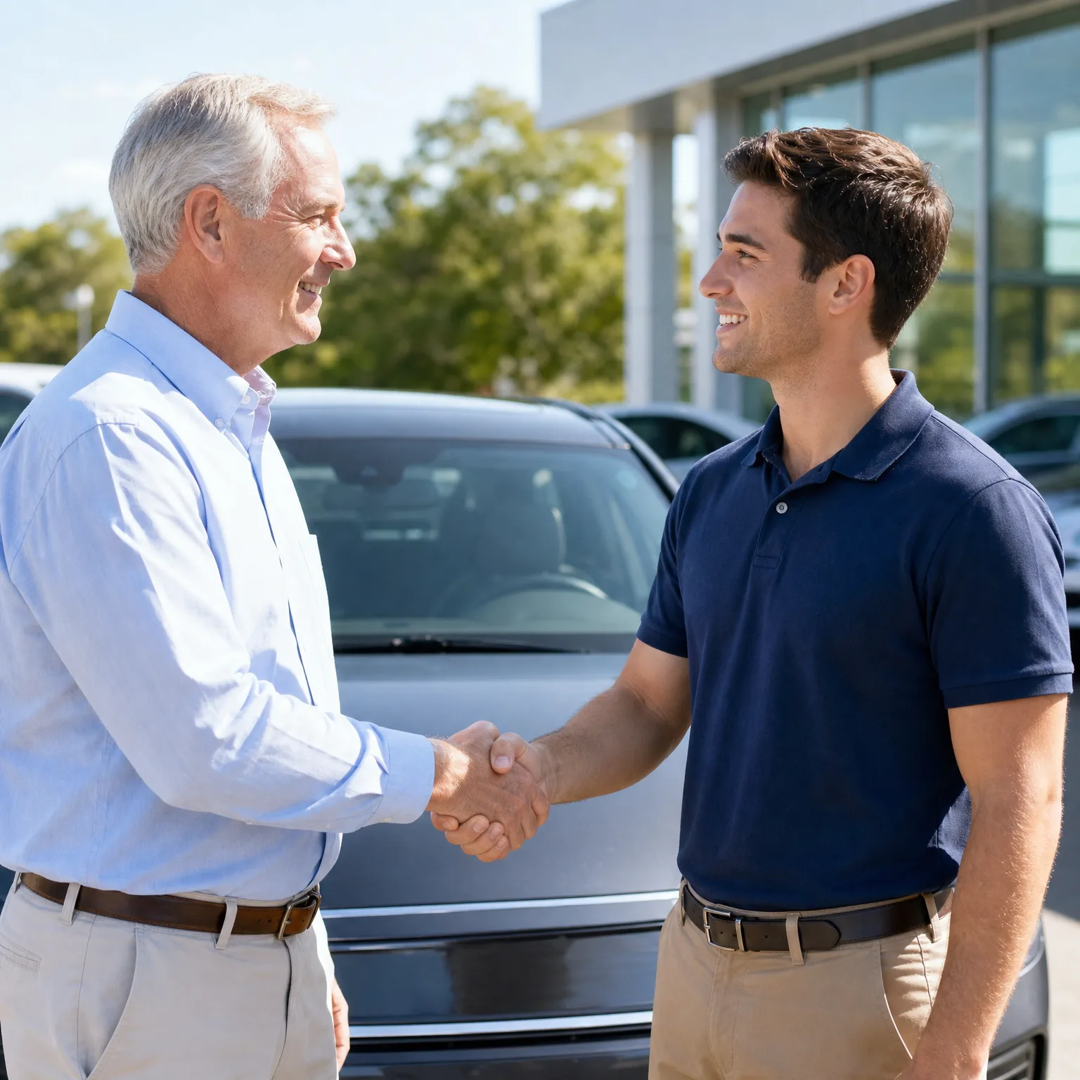 Two men, one older in a light blue shirt and one younger in a navy polo, shake hands in front of a silver car outside a glass-fronted building.