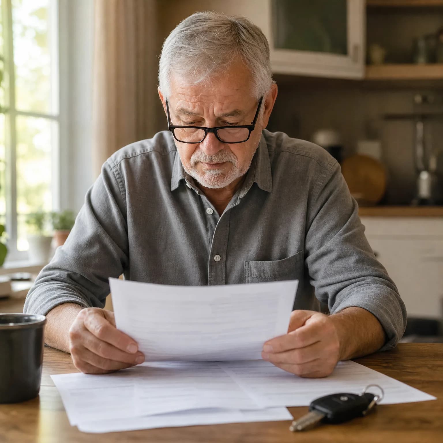 An older man with glasses and a gray shirt sits at a wooden table in a kitchen, reading a printed document, with more papers, a car key fob, and a dark mug on the table.