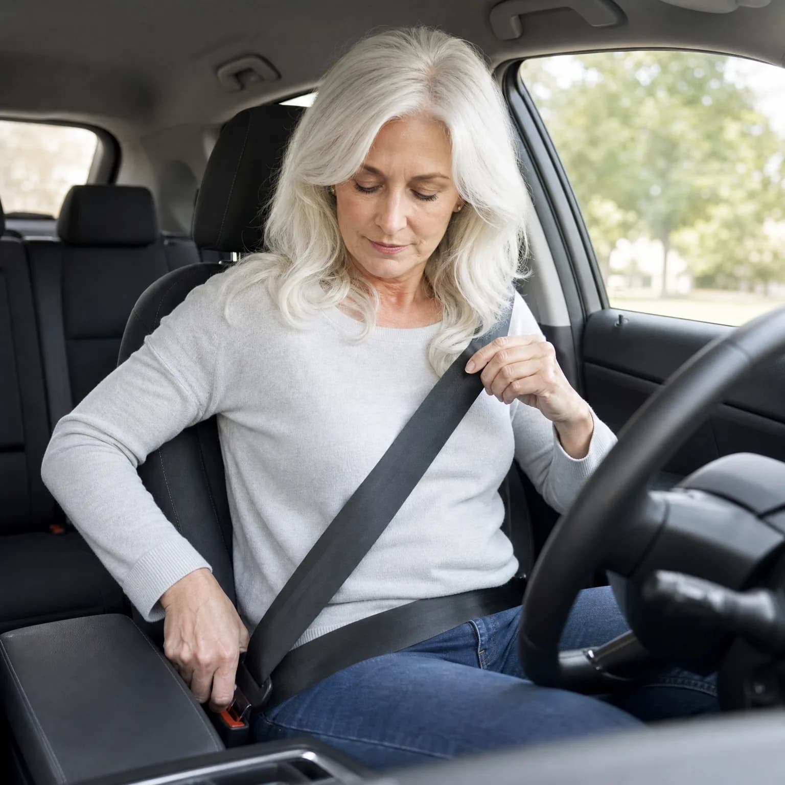 A woman with long white hair in a light gray sweater and jeans sits in a car's driver seat, fastening her seat belt.