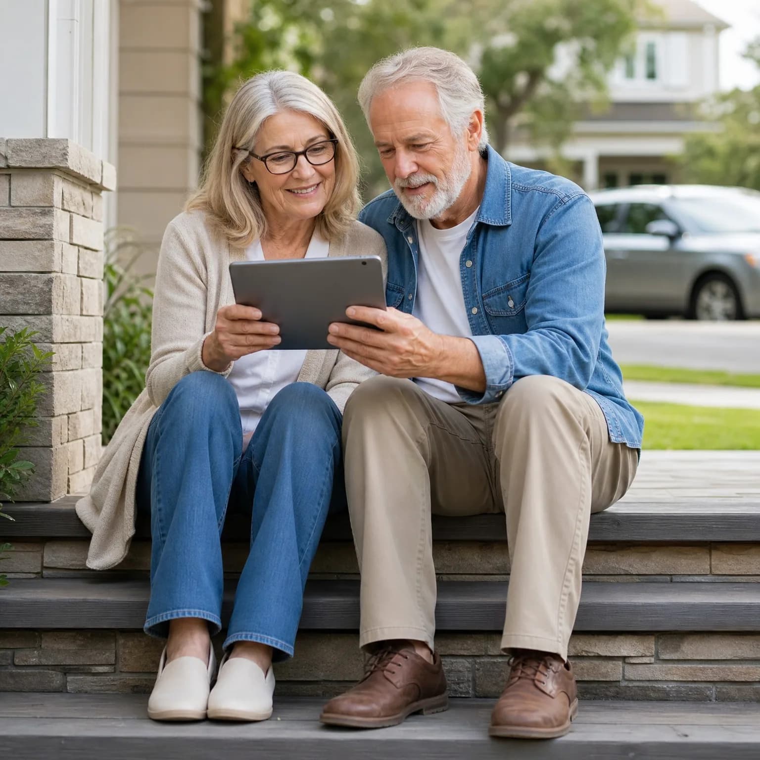 An older woman and man sit together on front porch steps of a house, looking at a tablet held between them, with a parked car and trees in the background.